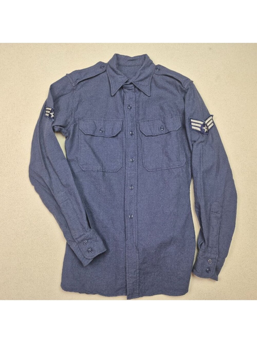 USAF 70's Blue Long Sleeve Button Up Wool Dress Shirt w/Sr Airman Patches Sz S